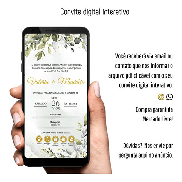 Convite Casamento Digital Interativo Verde Folhas E Dourado 4