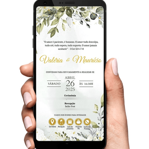 Convite Casamento Digital Interativo Verde Folhas E Dourado 5