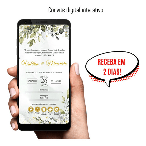 Convite Casamento Digital Interativo Verde Folhas E Dourado 6