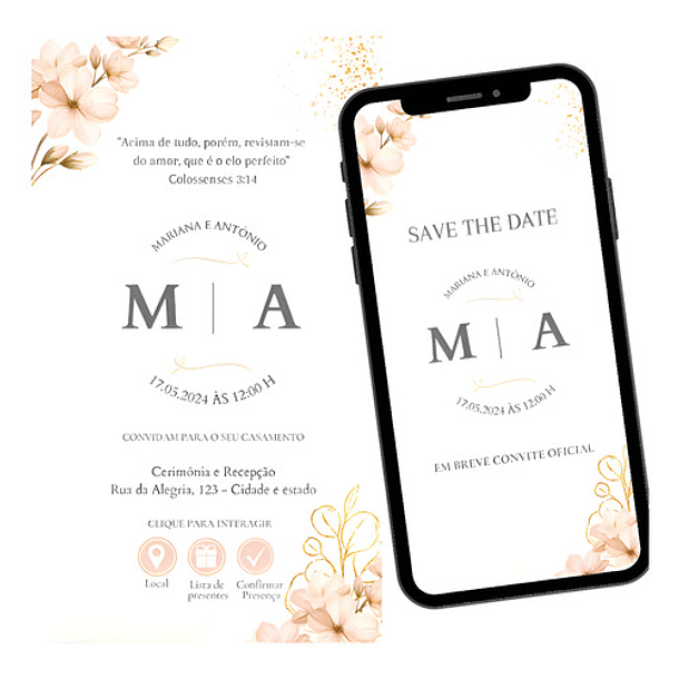 Kit Convite Digital Interativo Floral Rosé + Save The Date 1