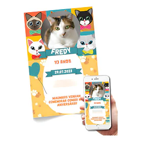 Convite Digital  Pet Gato   Amarelo/rosa