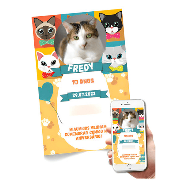 Convite Digital  Pet Gato   Amarelo/rosa 2