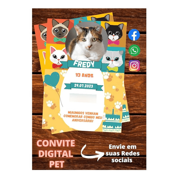 Convite Digital  Pet Gato   Amarelo/rosa 3
