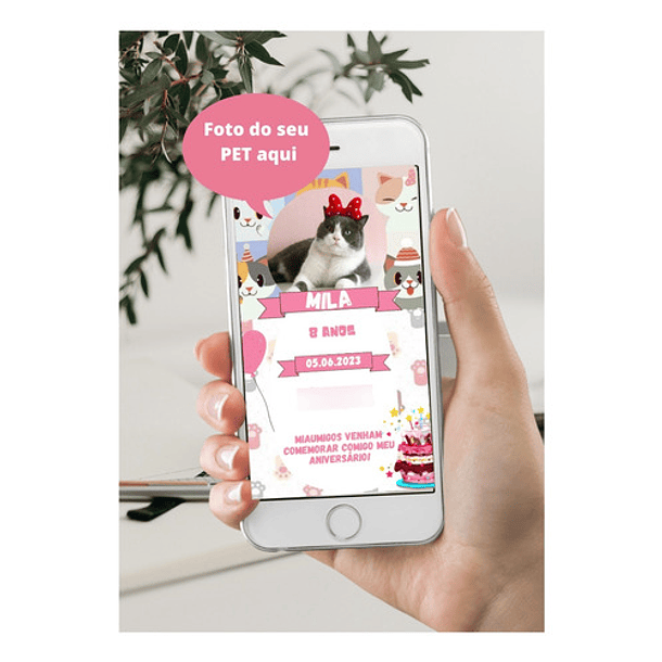 Convite Digital  Pet Gato   Amarelo/rosa 5