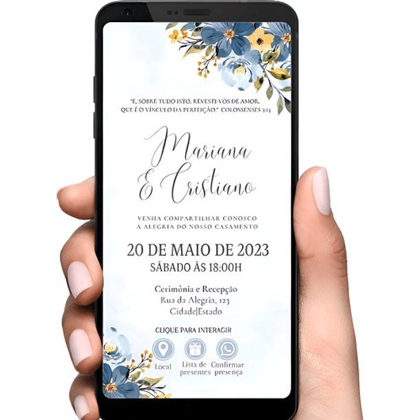 Convite Casamento Digital Interativo Floral Azul  Azul Azul 2