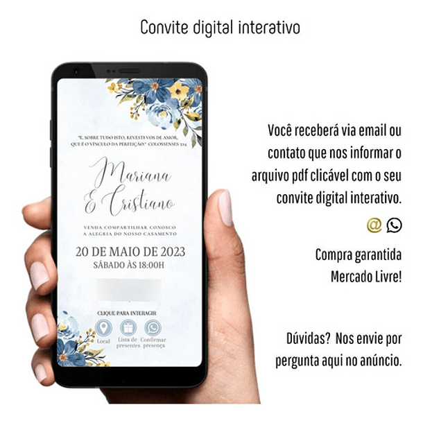Convite Casamento Digital Interativo Floral Azul  Azul Azul 7