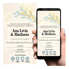 Convite De Casamento Interativo Dourado Folha Verde-claro