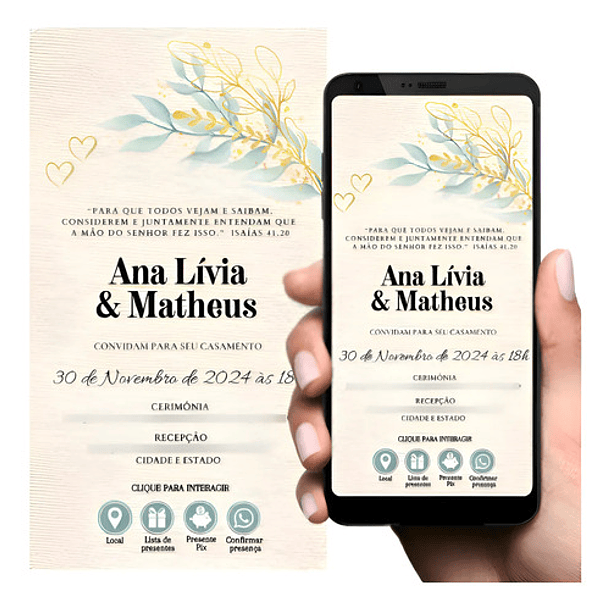 Convite De Casamento Interativo Dourado Folha Verde-claro 1