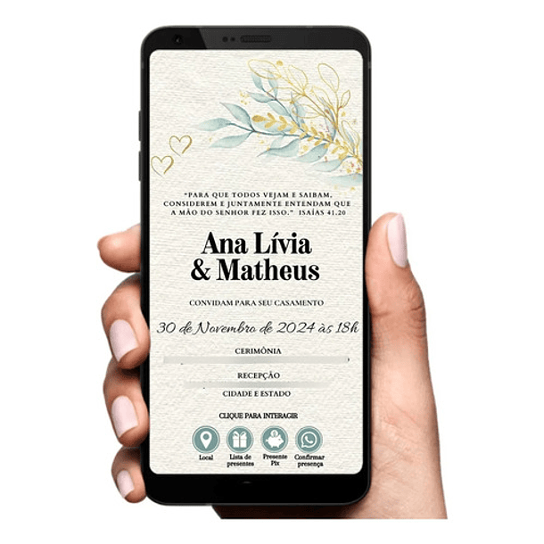 Convite De Casamento Interativo Dourado Folha Verde-claro 3