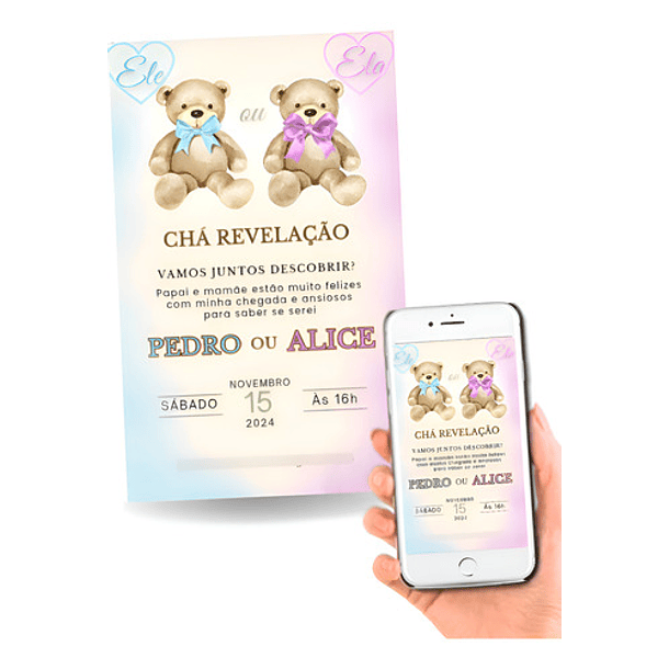 Convite Digital Chá Revelação Ursinhos 1