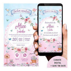 Kit Save The Date + Convite Interativo Jardim Encantado Rosa