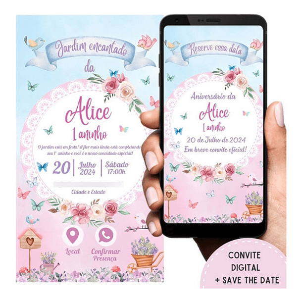 Kit Save The Date + Convite Interativo Jardim Encantado Rosa 1