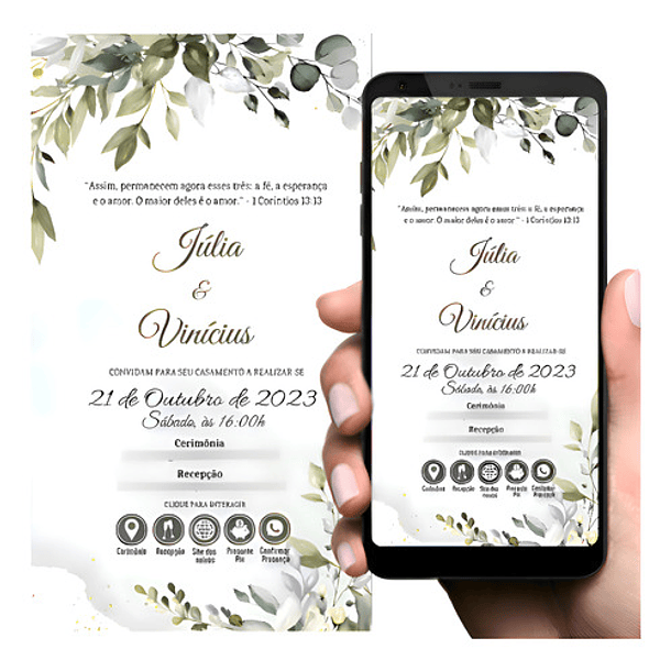 Convite Casamento Interativo Rústico Verde Folhas Verde 1