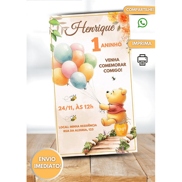 Convite Digital Ursinho Pooh Aquarela  Amarelo 3