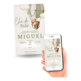 Convite Digital Chá De Bebê Ursinho Balão  Verde