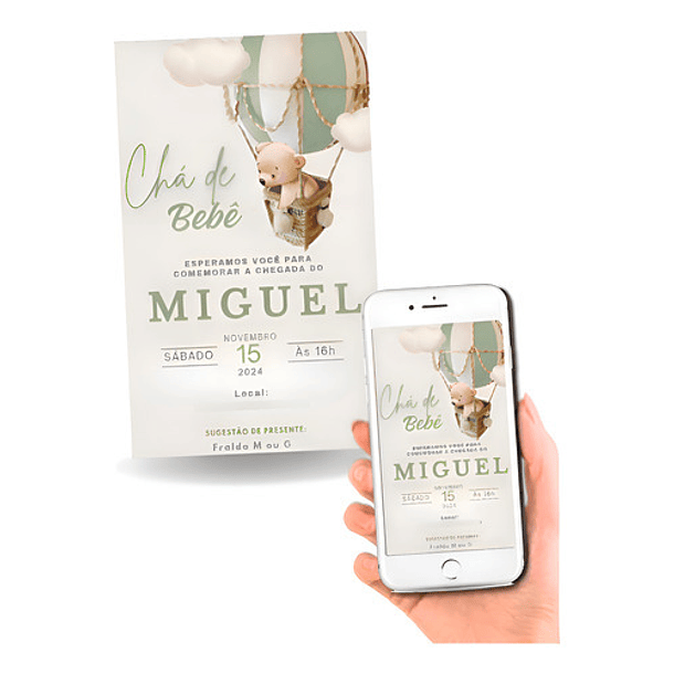 Convite Digital Chá De Bebê Ursinho Balão  Verde 1