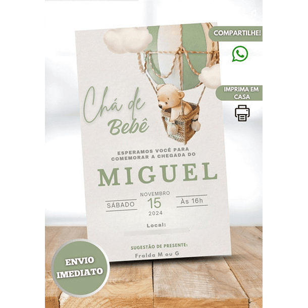 Convite Digital Chá De Bebê Ursinho Balão  Verde 2