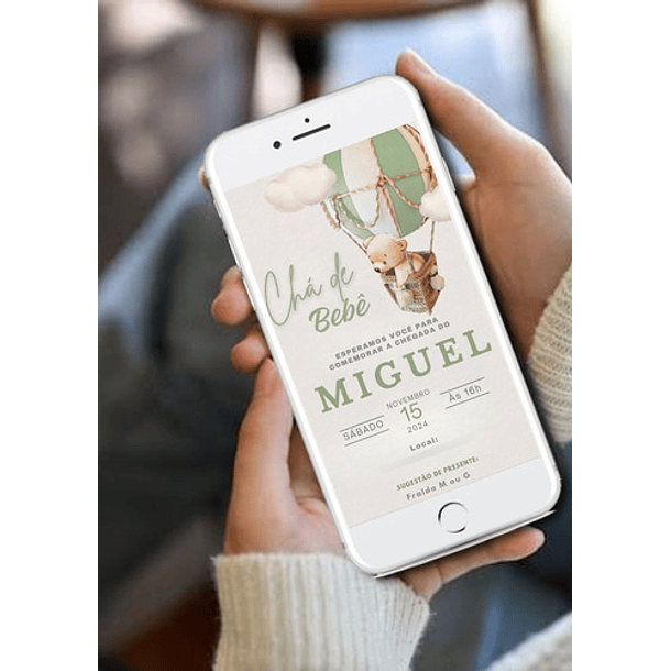 Convite Digital Chá De Bebê Ursinho Balão  Verde 3