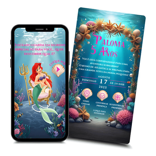 Convite Animado Pequena Sereia Ariel Infantil  Azul-turquesa 1