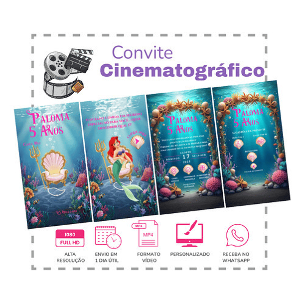 Convite Animado Pequena Sereia Ariel Infantil  Azul-turquesa 2
