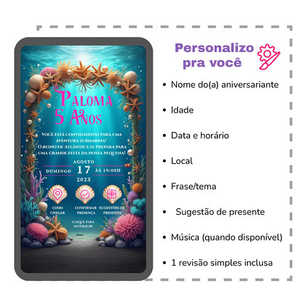 Convite Animado Pequena Sereia Ariel Infantil  Azul-turquesa 3