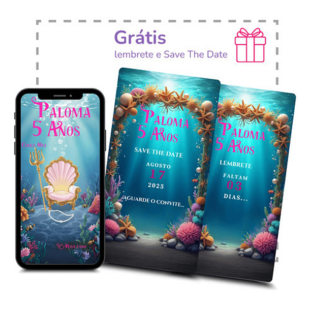 Convite Animado Pequena Sereia Ariel Infantil  Azul-turquesa 5