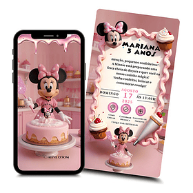 Convite Digital Minnie Confeiteira Interativo  Rosa-chiclete
