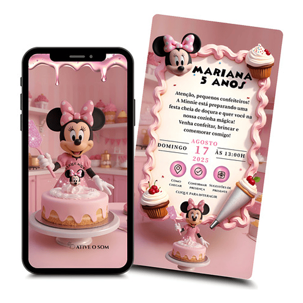Convite Digital Minnie Confeiteira Interativo  Rosa-chiclete 2