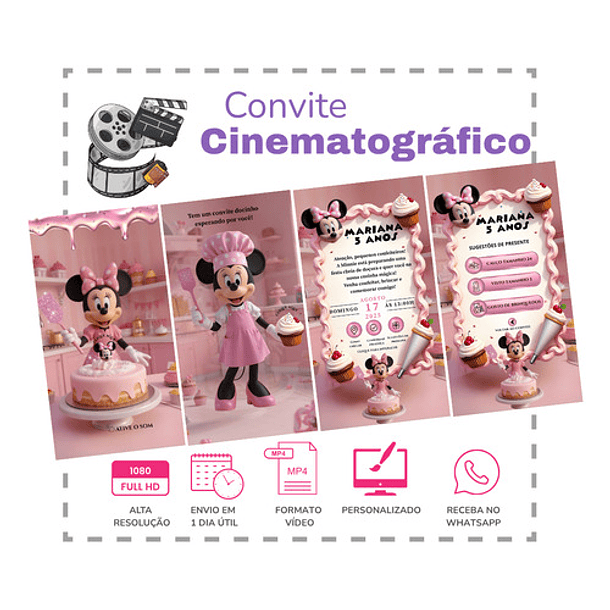 Convite Digital Minnie Confeiteira Interativo  Rosa-chiclete 3