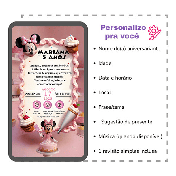 Convite Digital Minnie Confeiteira Interativo  Rosa-chiclete 4