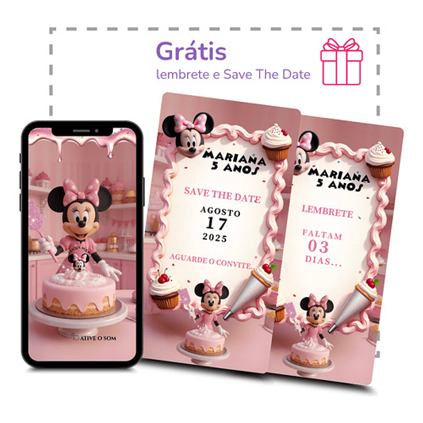 Convite Digital Minnie Confeiteira Interativo  Rosa-chiclete 6