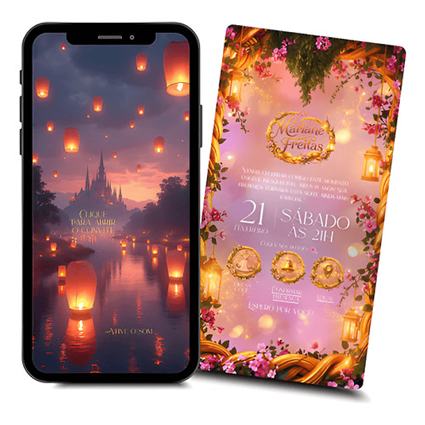 Convite Digital Animado 15 Anos Rapunzel Interativo  Rosa 1