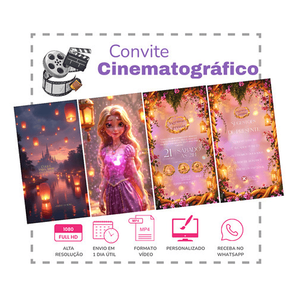 Convite Digital Animado 15 Anos Rapunzel Interativo  Rosa 2