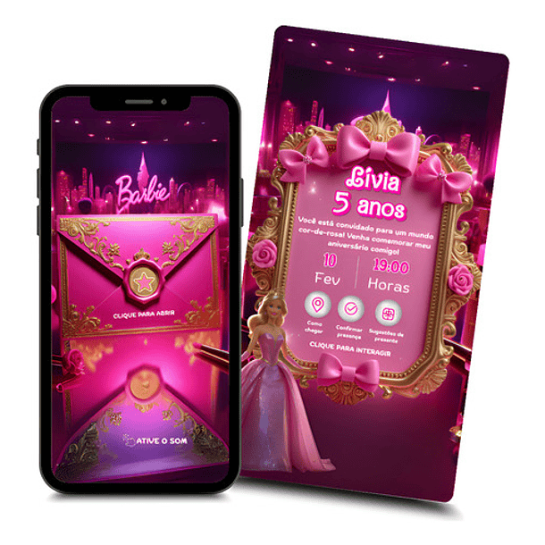Convite Interativo Barbie Animado  + Brindes Fúcsia 1