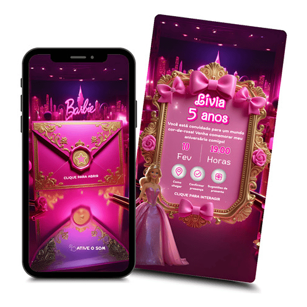 Convite Interativo Barbie Animado  + Brindes Fúcsia 2