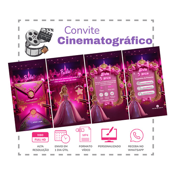 Convite Interativo Barbie Animado  + Brindes Fúcsia 3
