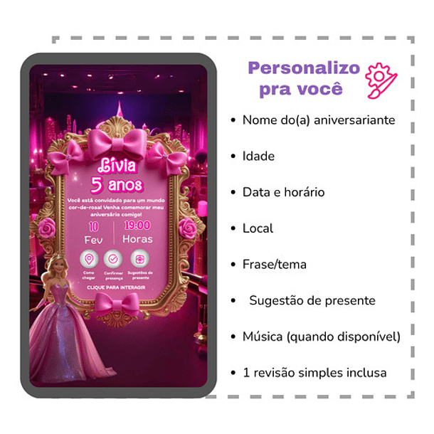 Convite Interativo Barbie Animado  + Brindes Fúcsia 4