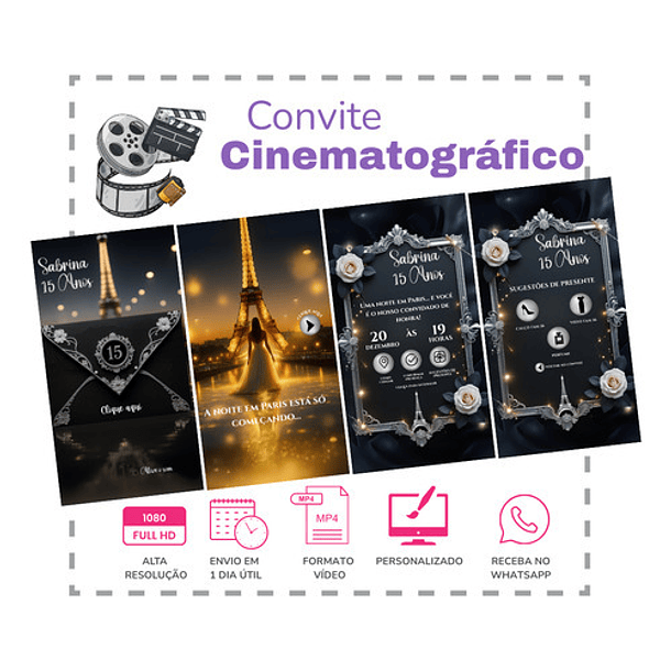 Convite Digital Animado 15 Anos Paris Debutante  Preto 2