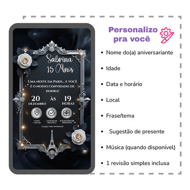 Convite Digital Animado 15 Anos Paris Debutante  Preto 3