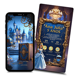 Convite Cinderela Interativo Animado + Brindes Azul-aço