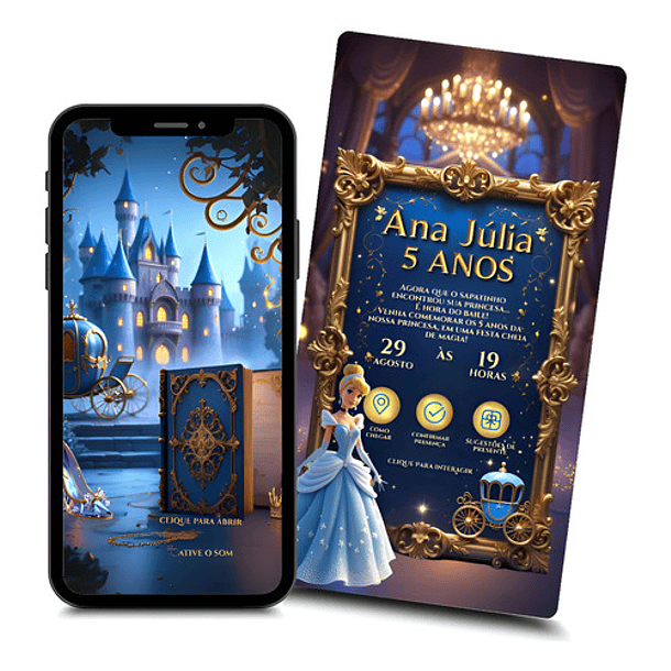 Convite Cinderela Interativo Animado + Brindes Azul-aço 1