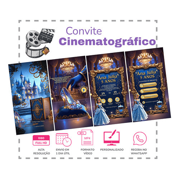 Convite Cinderela Interativo Animado + Brindes Azul-aço 2