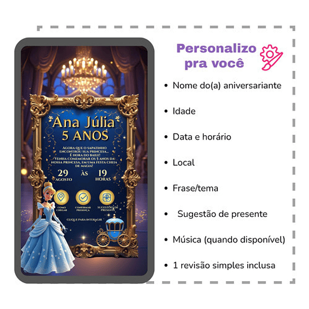 Convite Cinderela Interativo Animado + Brindes Azul-aço 3