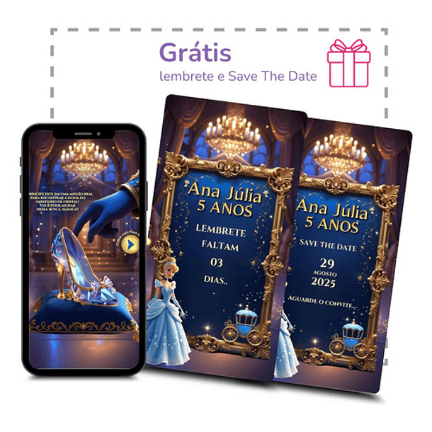 Convite Cinderela Interativo Animado + Brindes Azul-aço 6