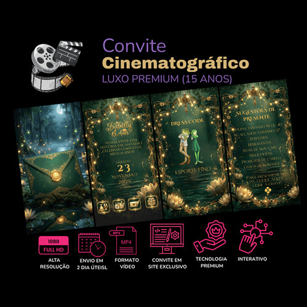 Convite Interativo Cinematográfico 15 Anos Verde-escuro 3