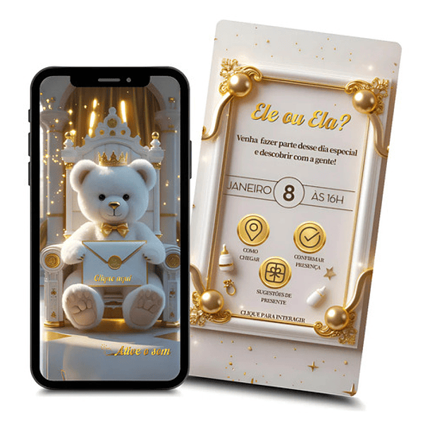 Convite Digital Animado Chá Revelação Ursinho   Branco 1