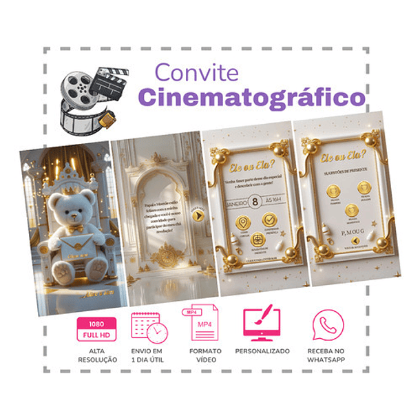 Convite Digital Animado Chá Revelação Ursinho   Branco 2
