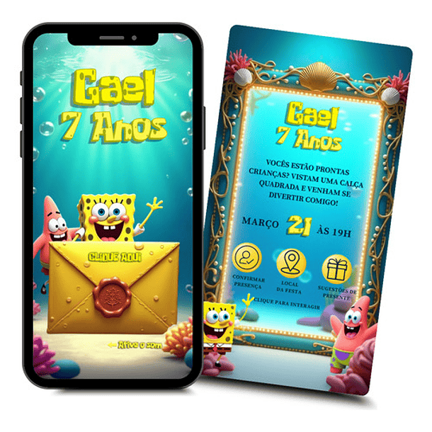 Convite Digital Animado Bob Esponja Interativo  Amarelo 3