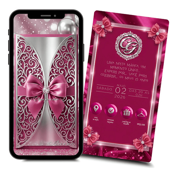 Convite Digital Animado 15 Anos Balões Prata Rosa-chiclete 1