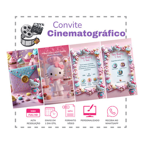 Convite Interativo Animado Hello Kitty Confeitaria  Rosa 2